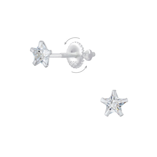 Children's 4mm Star Cubic Zirconia Sterling Silver Screw Back Earrings